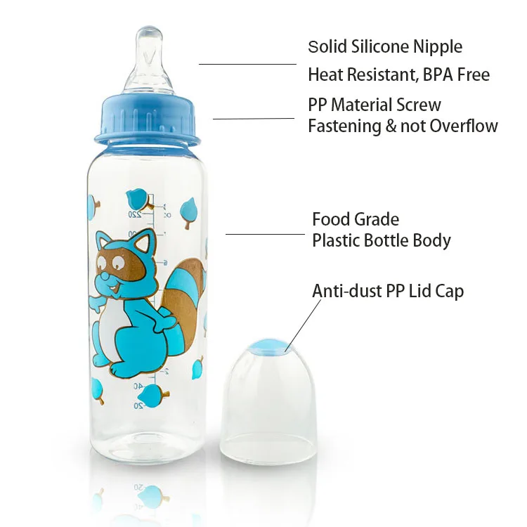 Factory wholesale 3pcs/pack cute animal print free baby feeding bottles samples for water milk baby bottle candy color 240ml