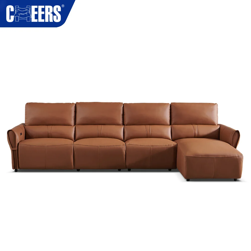 MANWAH CHEERS Minimalist Brown Genuine Leather Power Recliner Sleeper L Shape Sofa With Chaise Lounge