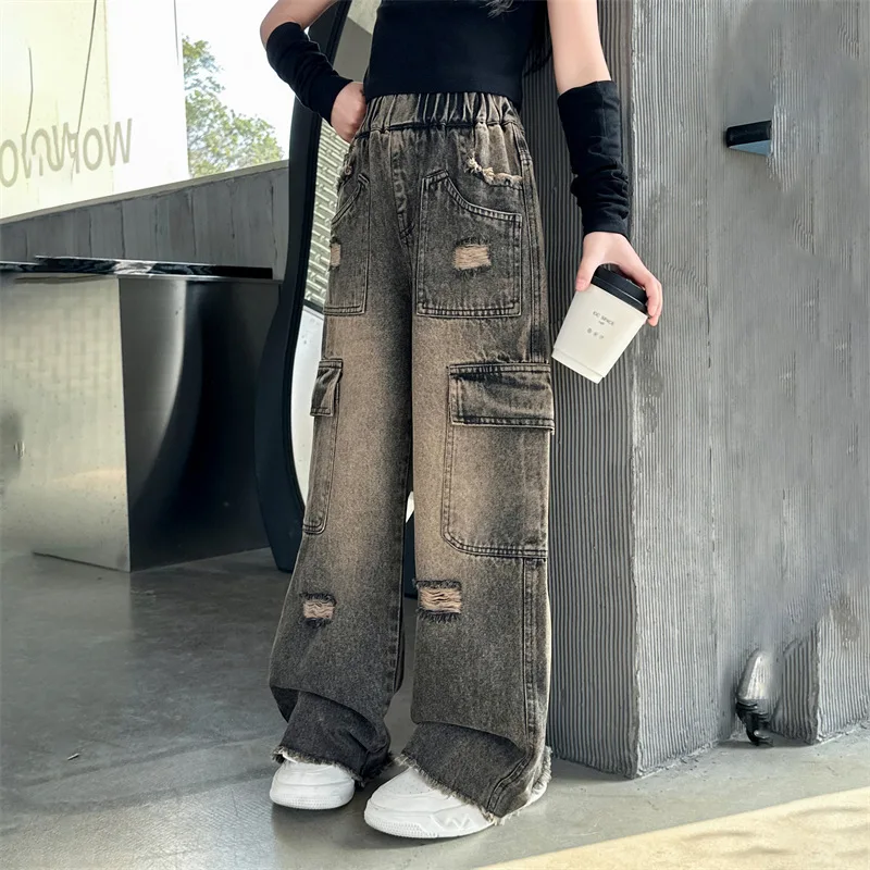 2024 New Fashion Children Girl Spring Brown Pocket Distressed Cargo Jeans 5-15 Years