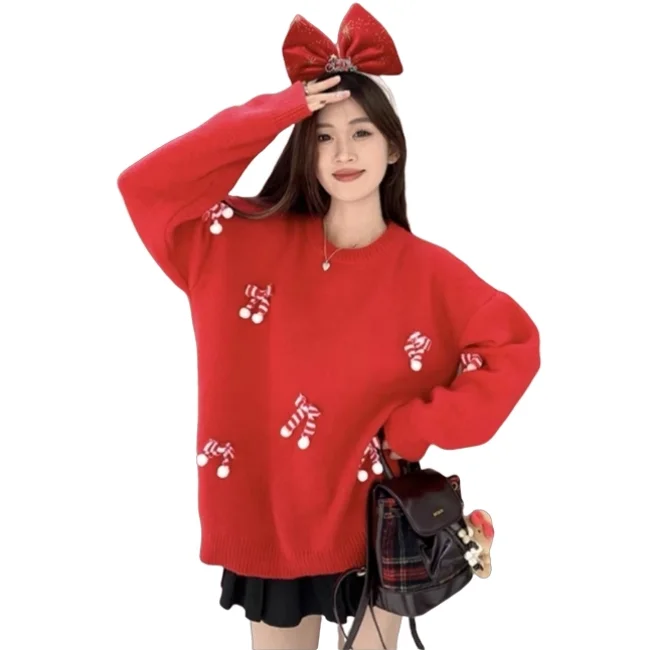 Custom OEM and ODM Winter Christmas color scheme Fashion loose casual knitted sweater  for women