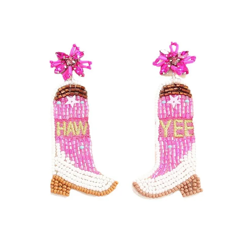 Cross border Western Cowboy Style Boots, Rice Ball Earrings, Personalized and Exaggerated, Handmade Beaded Fashion Earrings