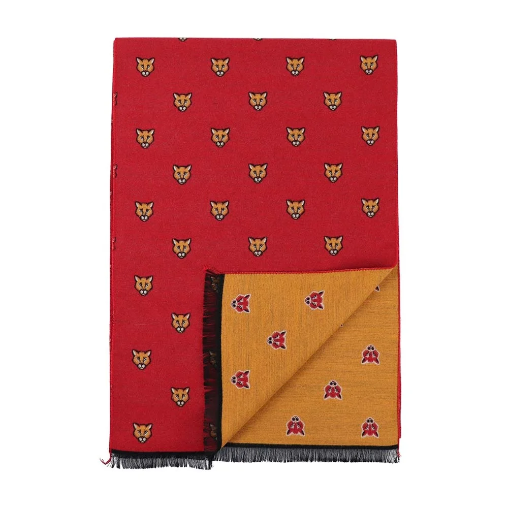 XINLI Custom Woven Orange Red Double Side Tassel Brushed Viscose Polyester Men Scarves Fox Animal Pattern Supplier Scarf