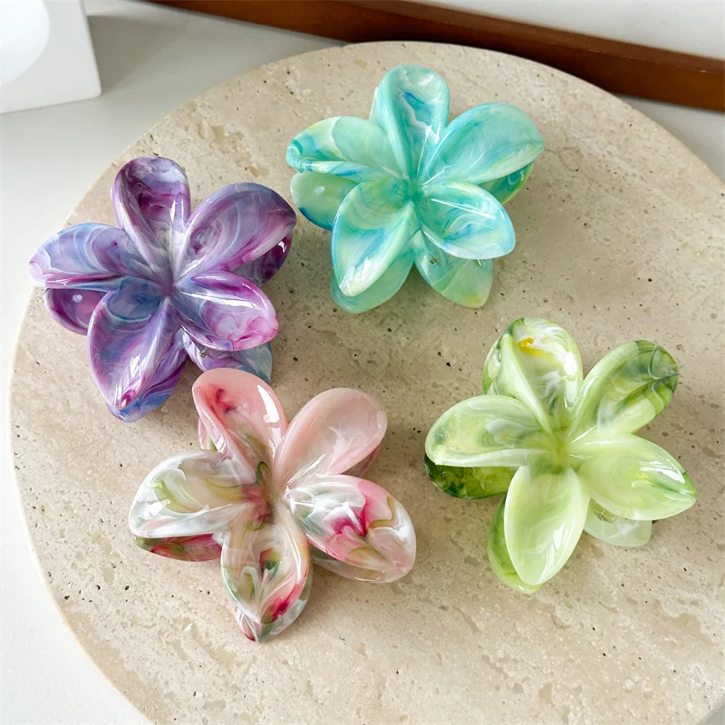 Hot Design Summer Marble Hawaiian Flower Girls Claw Hair Accessories 8cm Egg Flower bauhinia Big Hair Claw Clip For Women