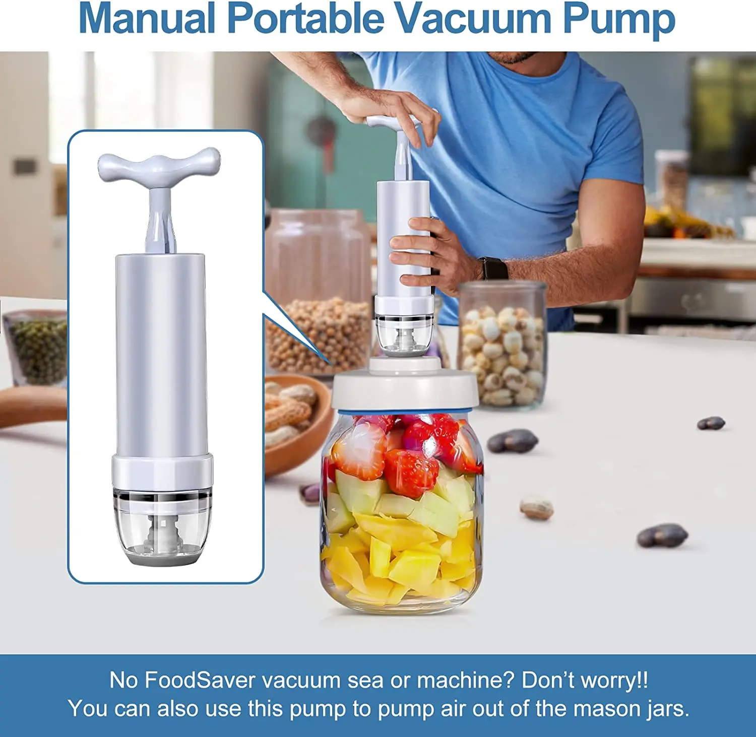 Mason Jar Sealer Vacuum Kit with Manual Vacuum Pump Compatible with FoodSaver Vacuum Sealer Machine