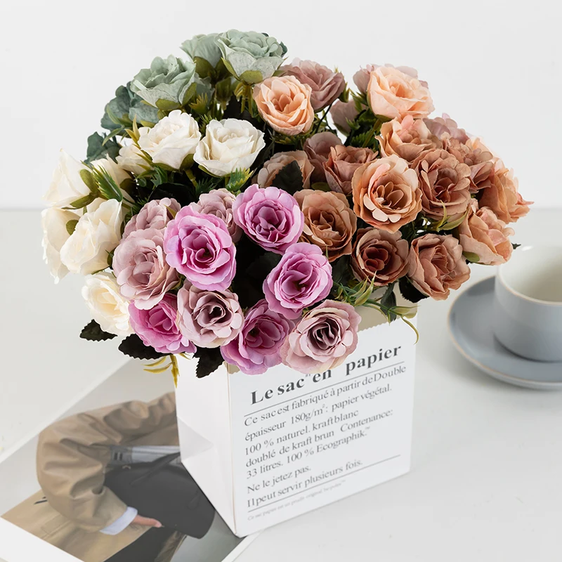Factory Wholesale Small Rose Bouquet Wedding Decoration 10 Heads Rose Flowers For Wedding Home Decoration