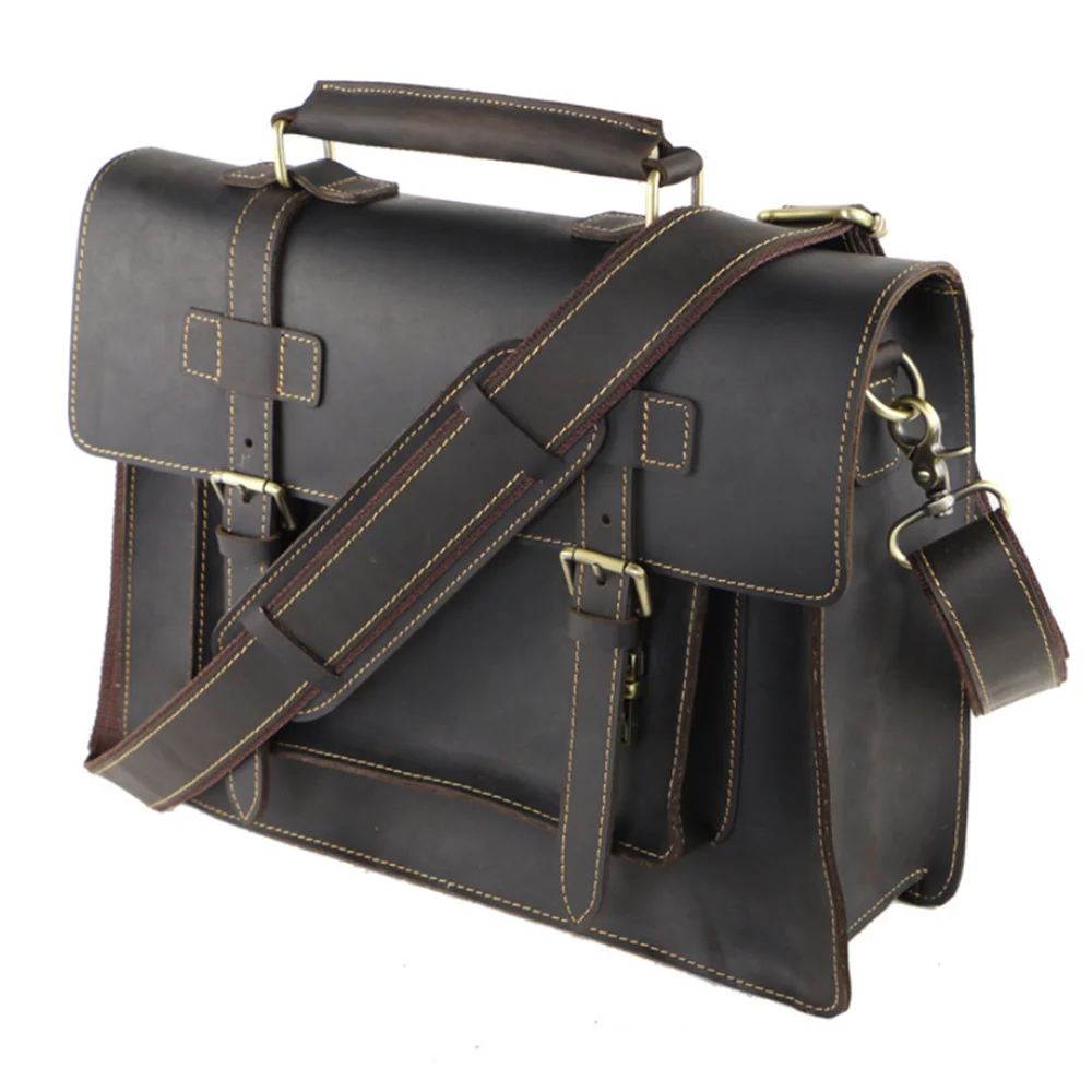 Vintage Brown Genuine Real Leather Business Laptop Briefcase