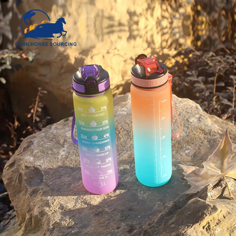 1 Liter BPA Free gradient color Plastic motivational bottle water gym water bottles for sports with straw