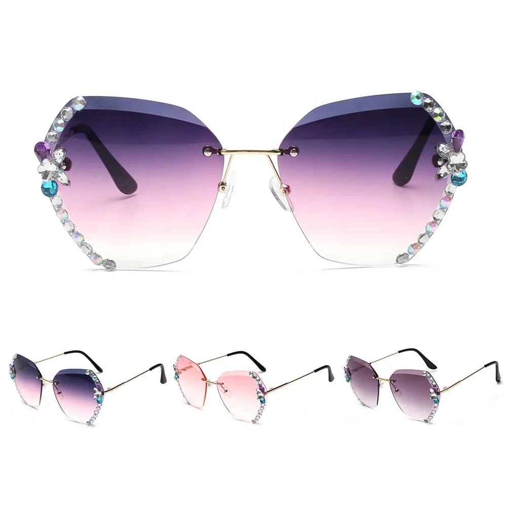 Fashion Brand Design frameless Rhinestone lady girl Retro custom print Cutting Lens Gradient lens metal oversize Sun Glasses