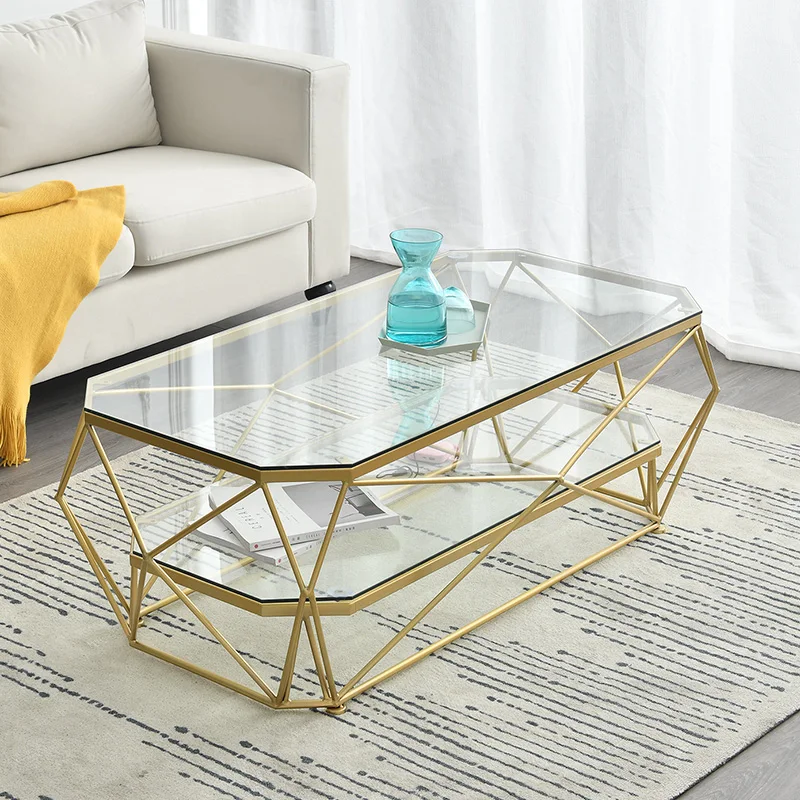 Simple Nordic living room rectangular iron marble creative fashion light indian wire metal glass coffee table