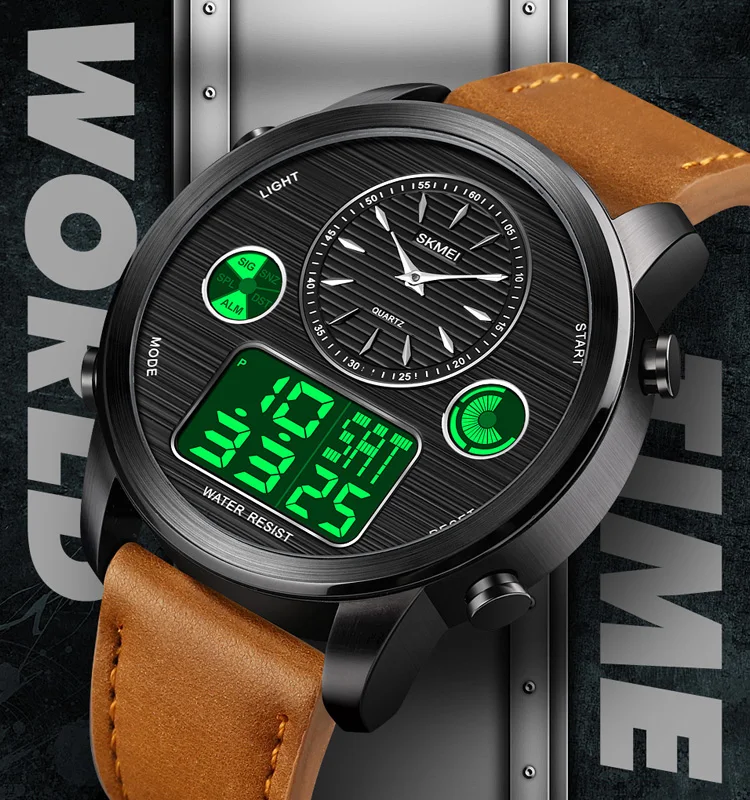 Trendy skmei leisure multifunctional world time LED night light 12/24 hour digital watches for mens sports watch