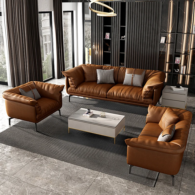 Nordic Salon 2 Seater Modern Design Luxury Furniture Brown Leather Loveseat Sofa Set
