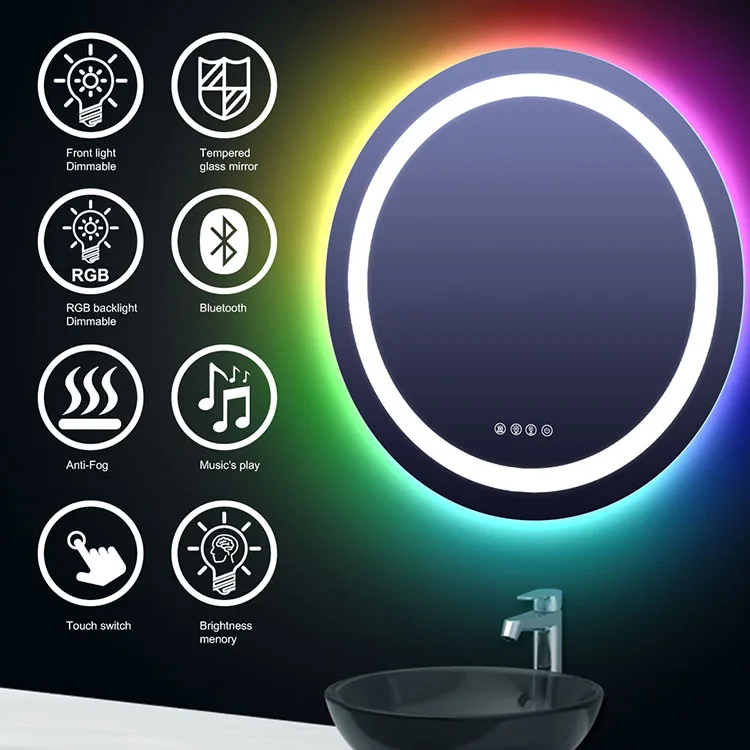 Hotel Modern Anti Fog Round Rgb Backlit Lighted Bath Wifi Smart Touch Screen Wall Mounted Mirrors Bathroom Led Mirror
