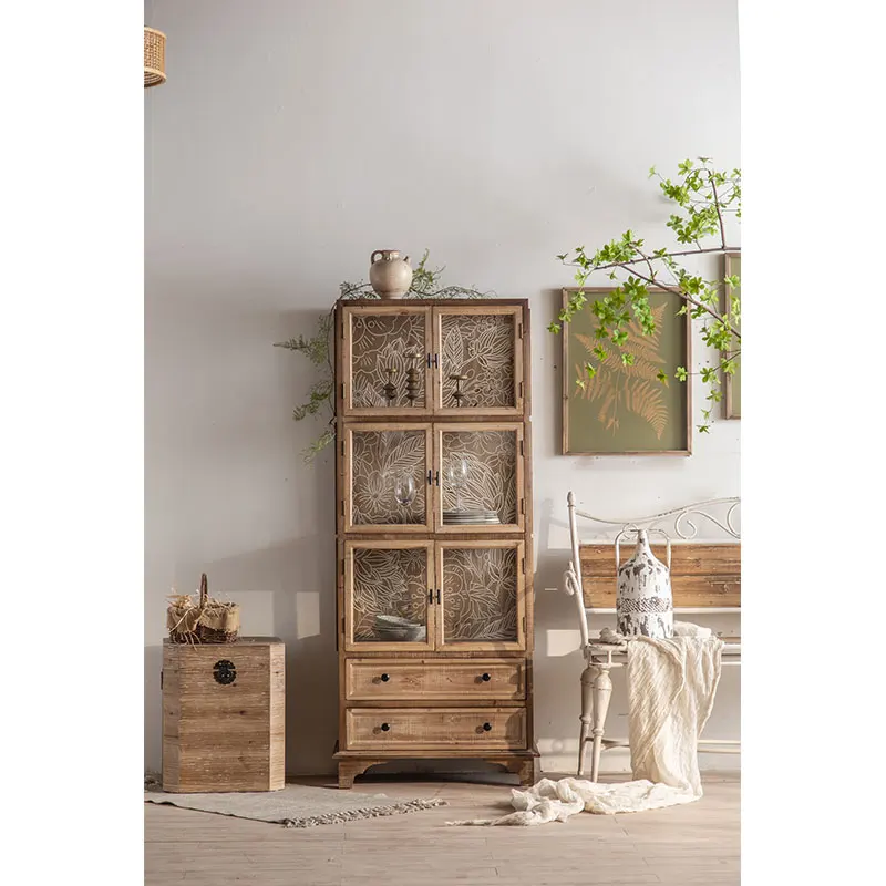 French Country Style Vintage Decor Home Kitchen Furniture Wooden Frame Glass Door Tall Kitchen Cabinet Designs