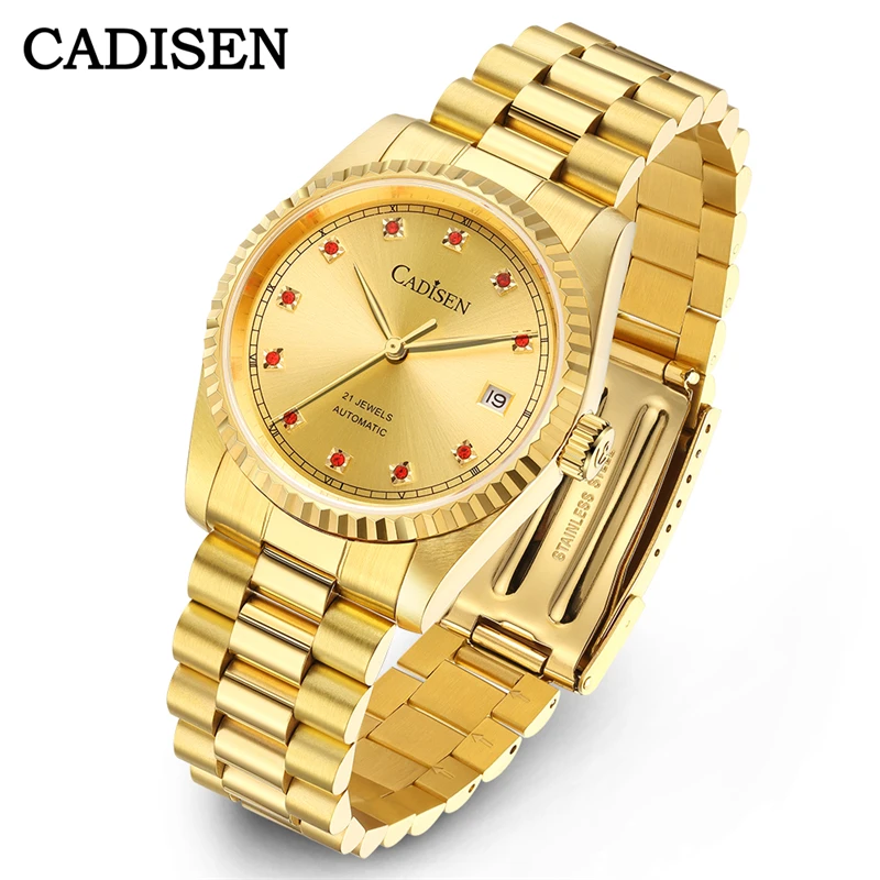 CADISEN 36mm Automatic Watch 8223 Sapphire Stainless Steel Luxury Golden Mechanical Watch Relogio Masculino