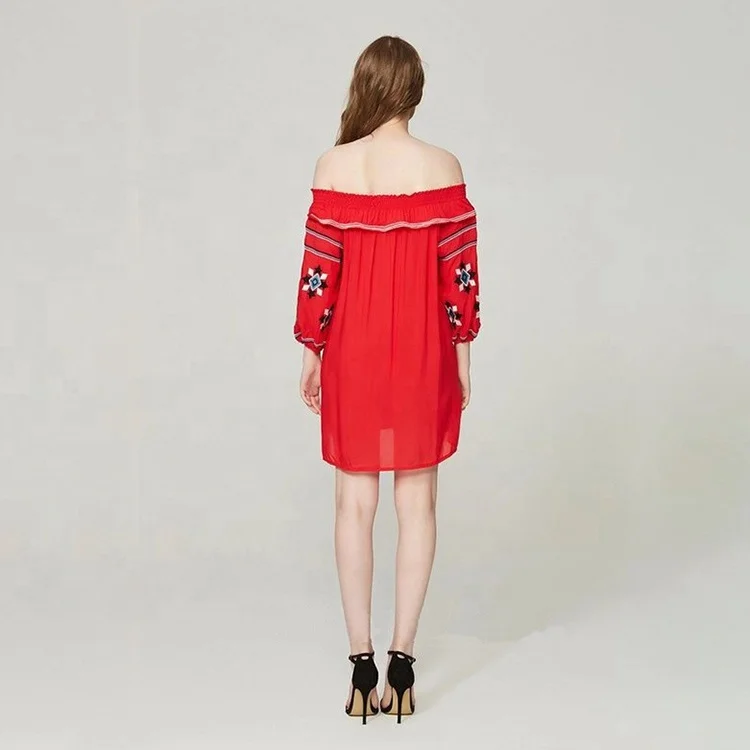 National Style Women Embroidered Casual Scoopneck Elastic Ruffles Collar Dress For Girls