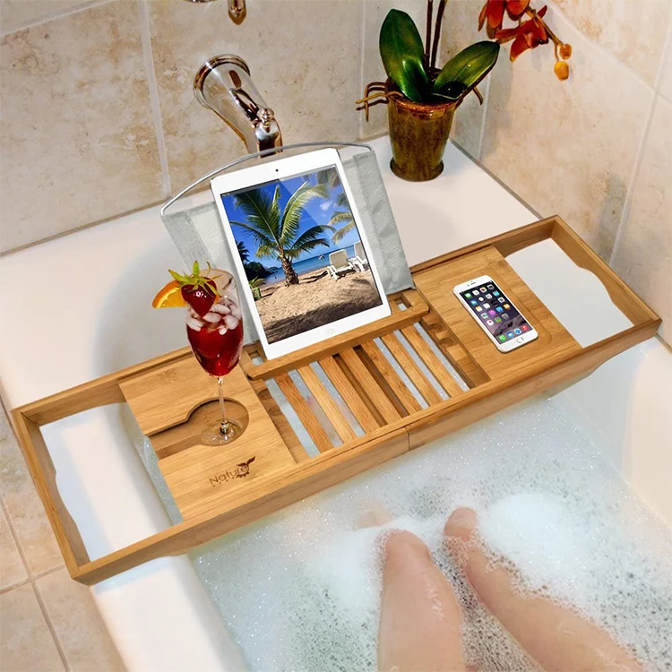 Wholesale Extending Adjustable Luxury Bamboo Bathtub Caddy Tray for Your Book Tablet or Smartphone