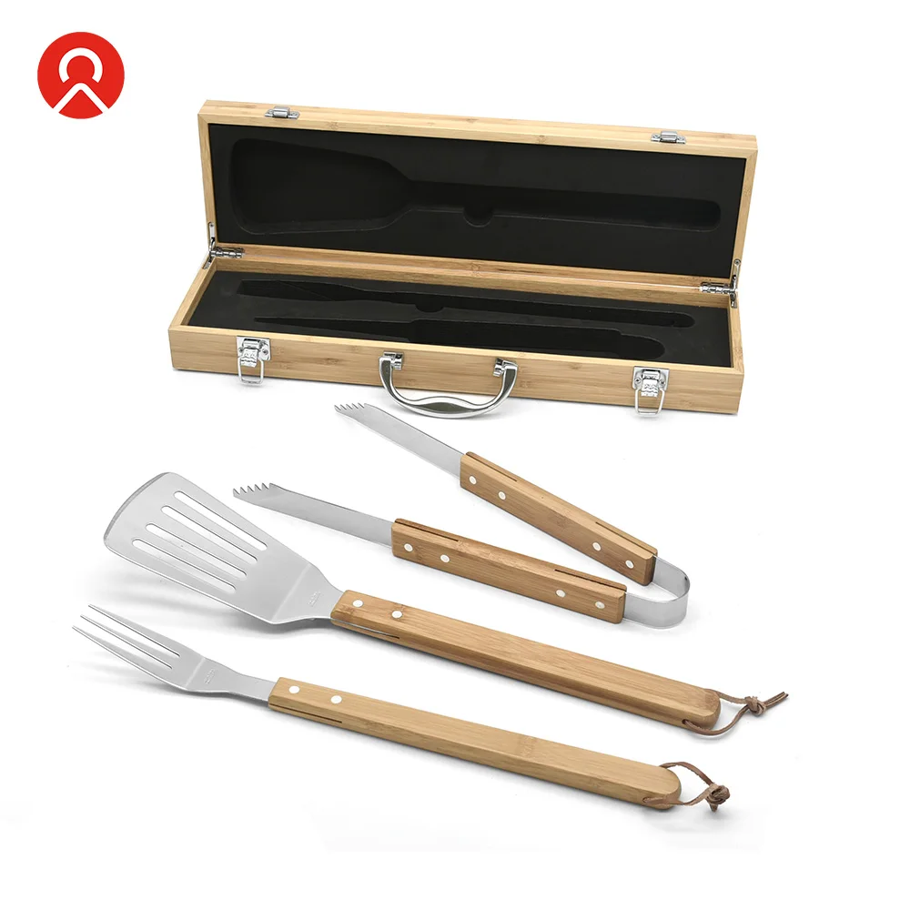 Hot selling Bamboo Handle Stainless Steel Outdoor Camping BBQ Grilling Tool Set 3pcs TOOL
