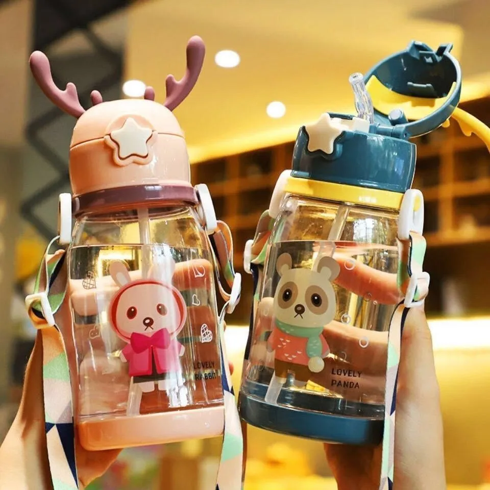 BPA Free Steel Water Bottle Cute Cartoon Kids Strap Cup Convenient Sport Style for Kindergarten and Primary School Students