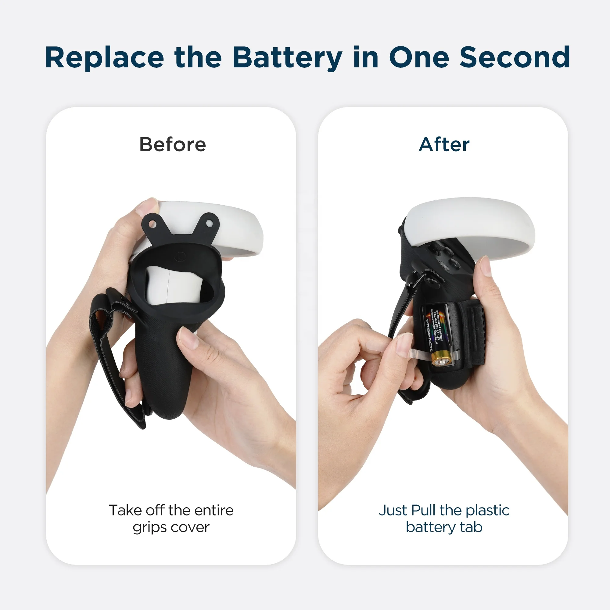 KIWI design Upgrade Version Controller Grip Cover for Oculus quest 2 accessories with replaceable battery opening (black)