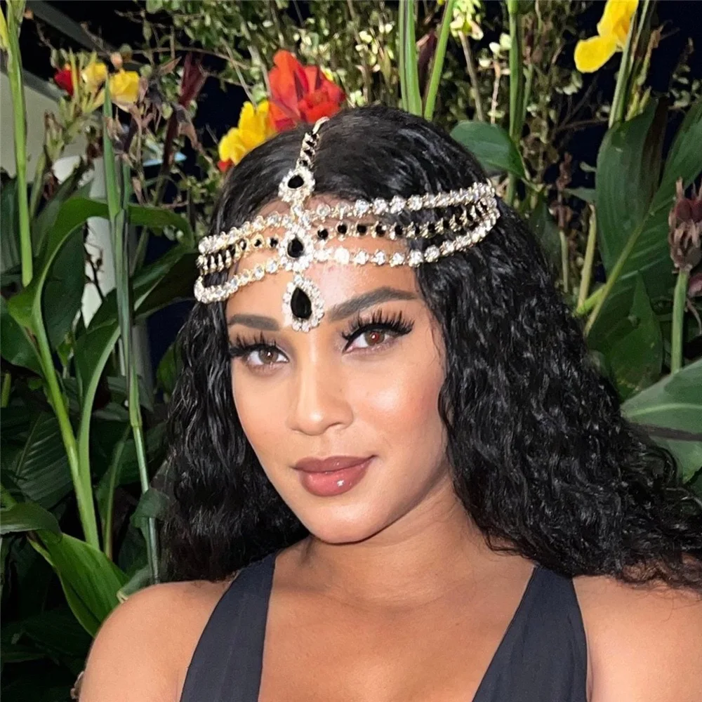 Bohemian Rhinestone Chain Black Crystal Head Chain Clip Drop Pendant Forehead Headband Hair Accessories
