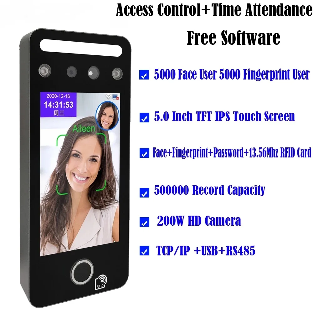 5 inch Dynamic Facial Access Control IR Face Recognition 125KHz RFID TCP/IP/RS485 Fingerprint Time Attendance Terminal