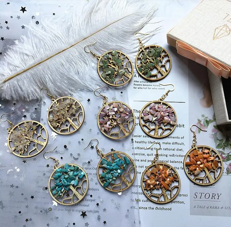 
wholesale vintage wood earrings jewelry fashion wooden flower dangle earrings statement natural stone earrings for women 