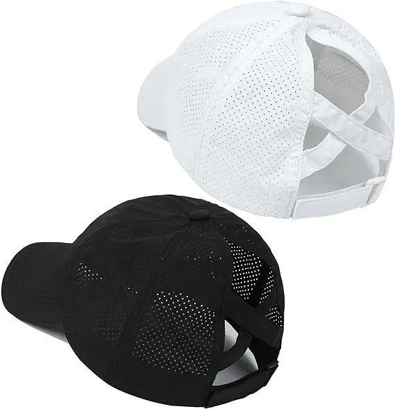 Womens  Cross Ponytail Baseball Caps Adjustable High Messy Bun Ponycap Quick Drying Hat