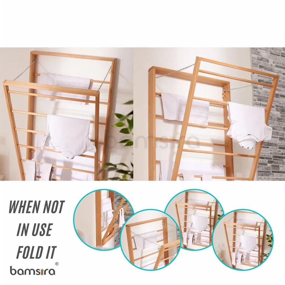 Folding Wooden Wall Mounted Portable Clothes Dryer Airer With Double Side Bars for Cloth , Wall Dryer