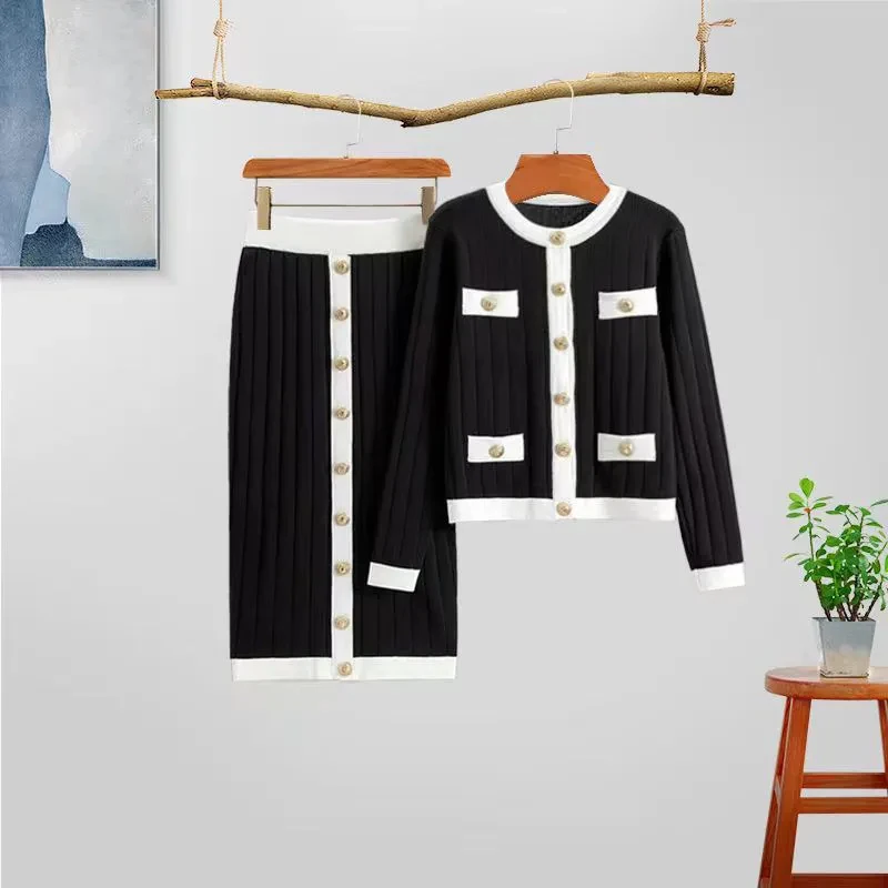 Autumn solid color knitted sexy dress suit fashionable cardigan suit knitted cardigan with skirt two-piece set for women
