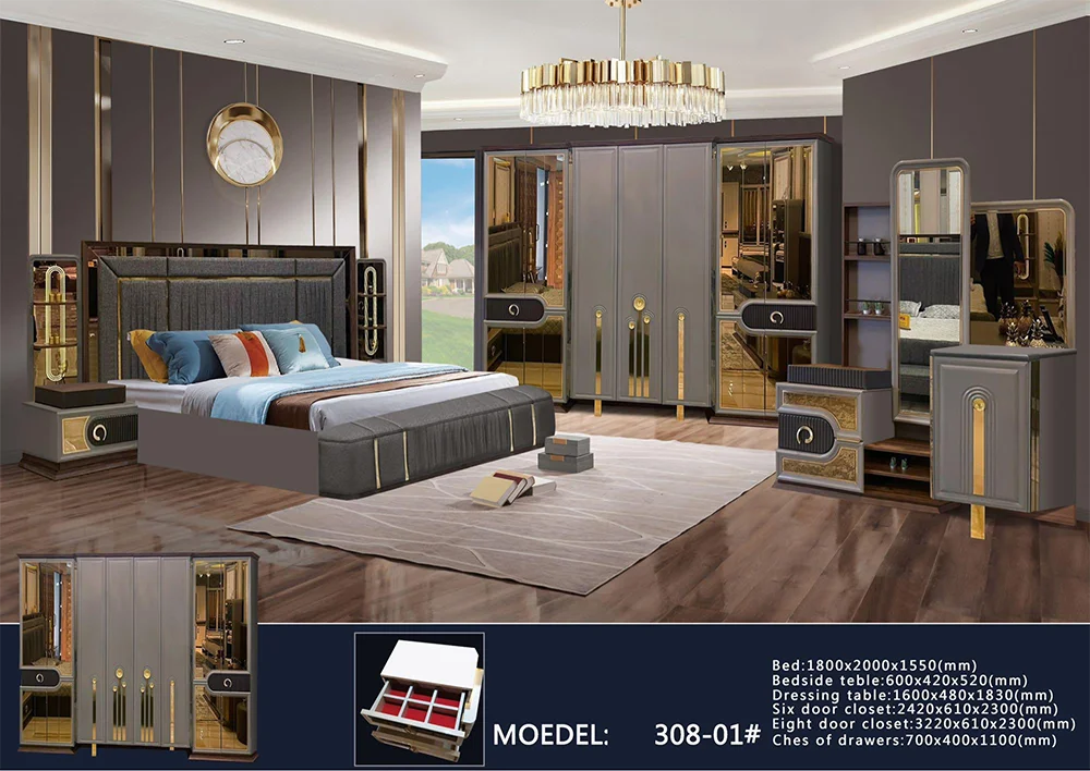 New Modern Wooden King Size Double Leather Bed Room Set  Luxury  6 Doors Large Wardrobe  Mdf Panel Full Furniture Bedroom Set