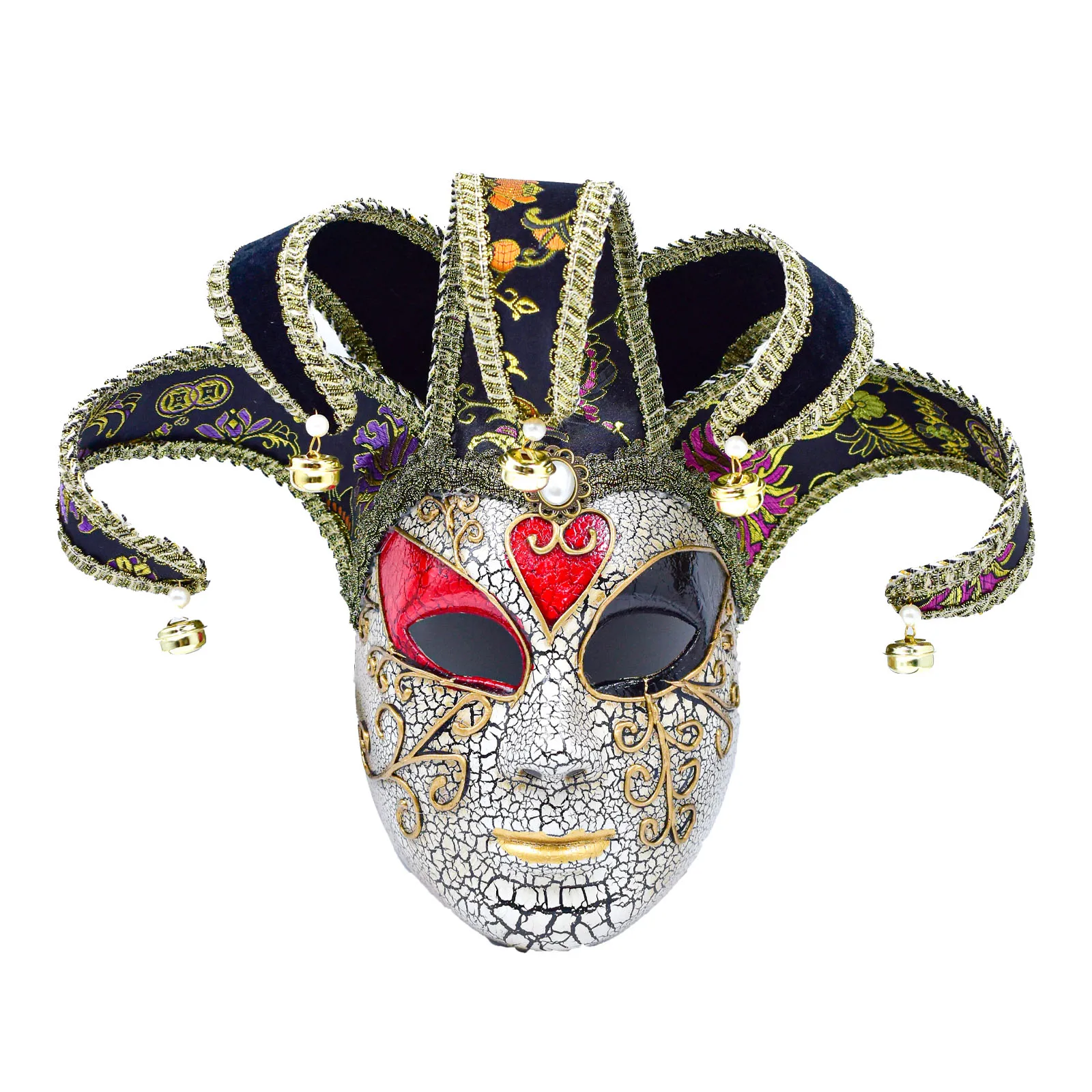 3D Italy Traditional Venice Carnival Mask Facial Crack Jester Venetian Mask With Bell For Mardi Gras Party Wall Decoration