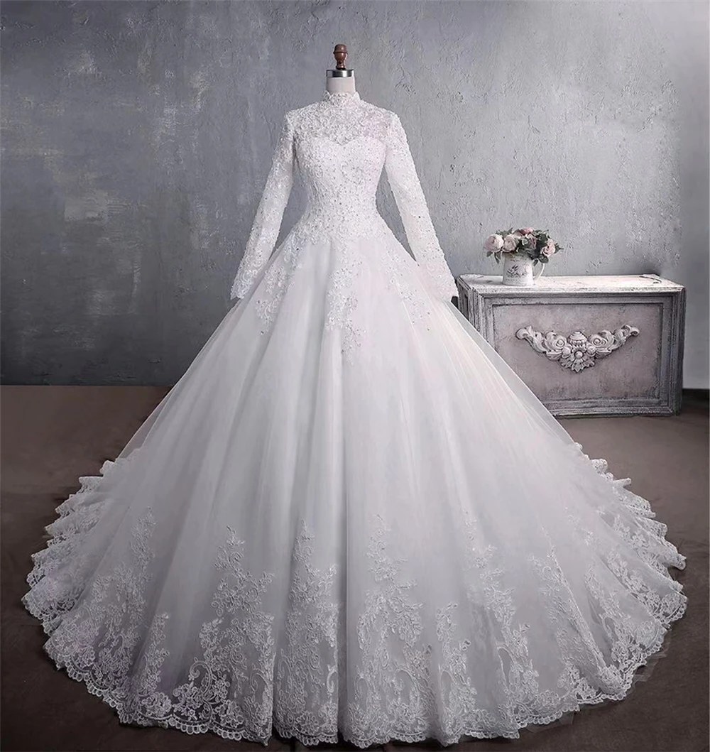 2021 newest style stand collar Muslim women wedding dress plus size lady bridal gown with