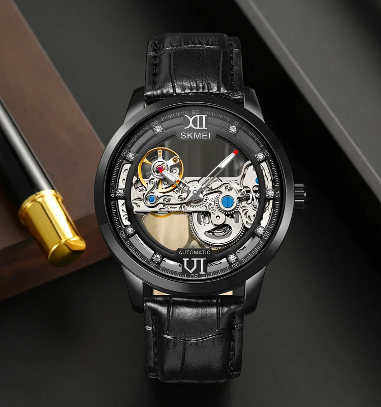 high quality waterproof skmei M031 luxury gold skeleton transparent men mechanical leather strap automatic watch