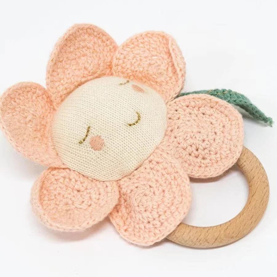 Hot Sale  Baby Teether Wooden Handmade Crocheted sun flowers rattles for Kids Crafts Gift