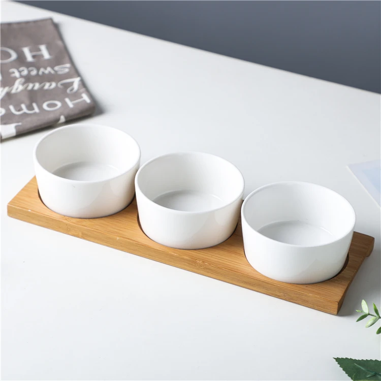 Cheap custom round 3 pcs dessert white porcelain dish bowl set with bamboo tray
