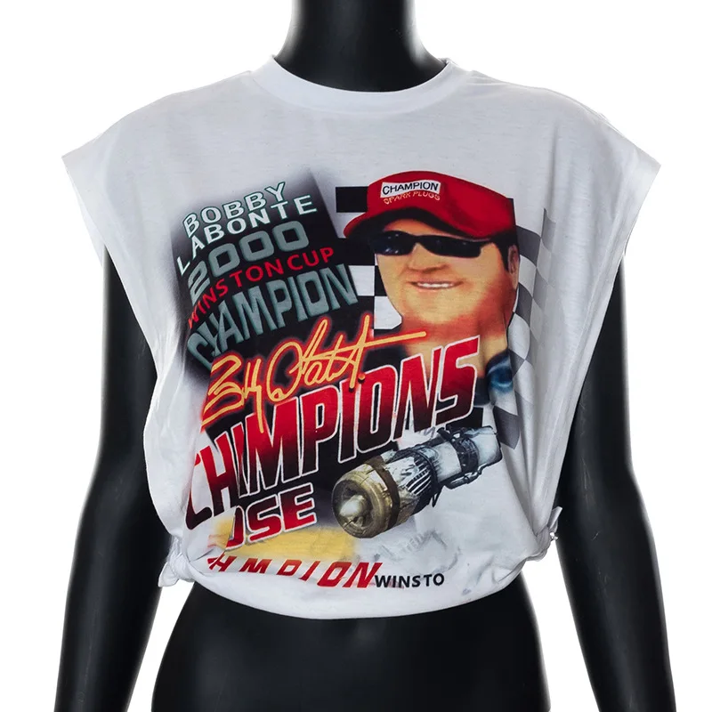 Wholesale Ladies Letter Print Crew Neck Tshirt Hollow Out Letter Print Loose Tops Fashion Sleeveless Crop Top For Women