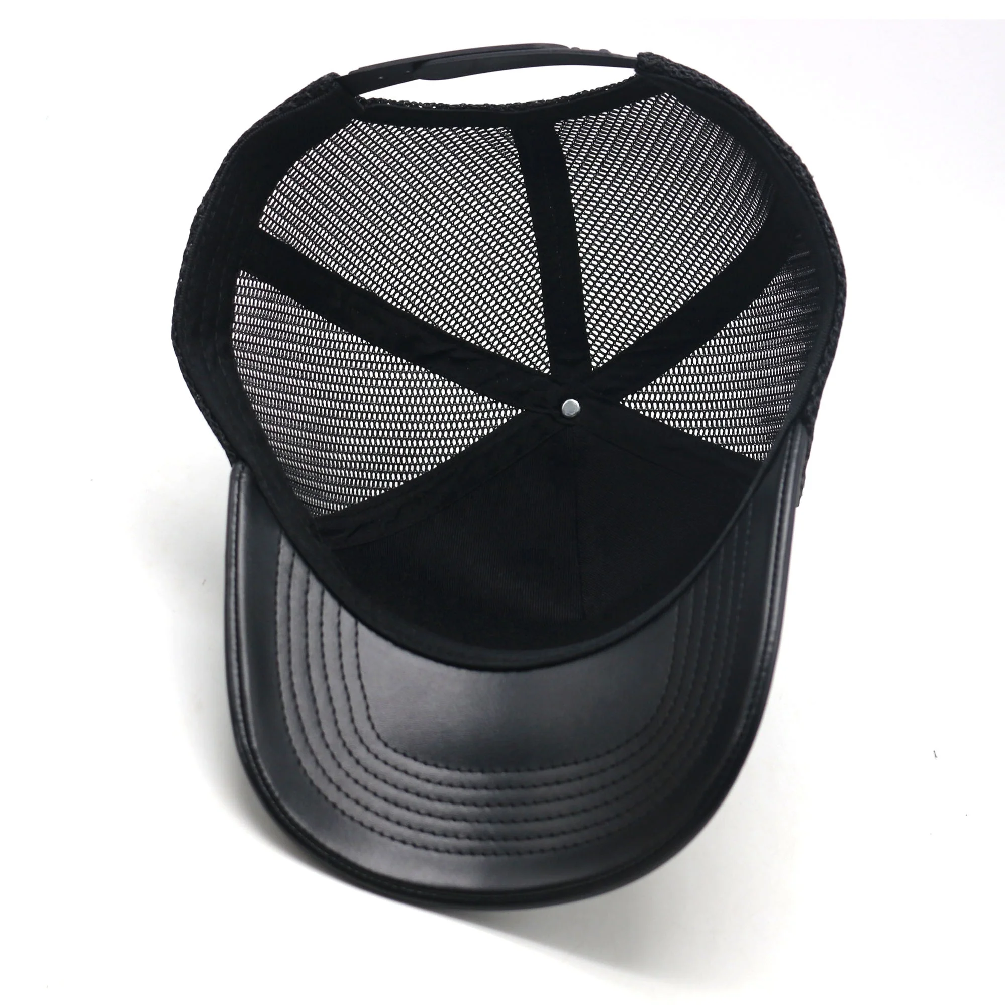 5 panel black leather mesh trucker hats with custom embroidery logo