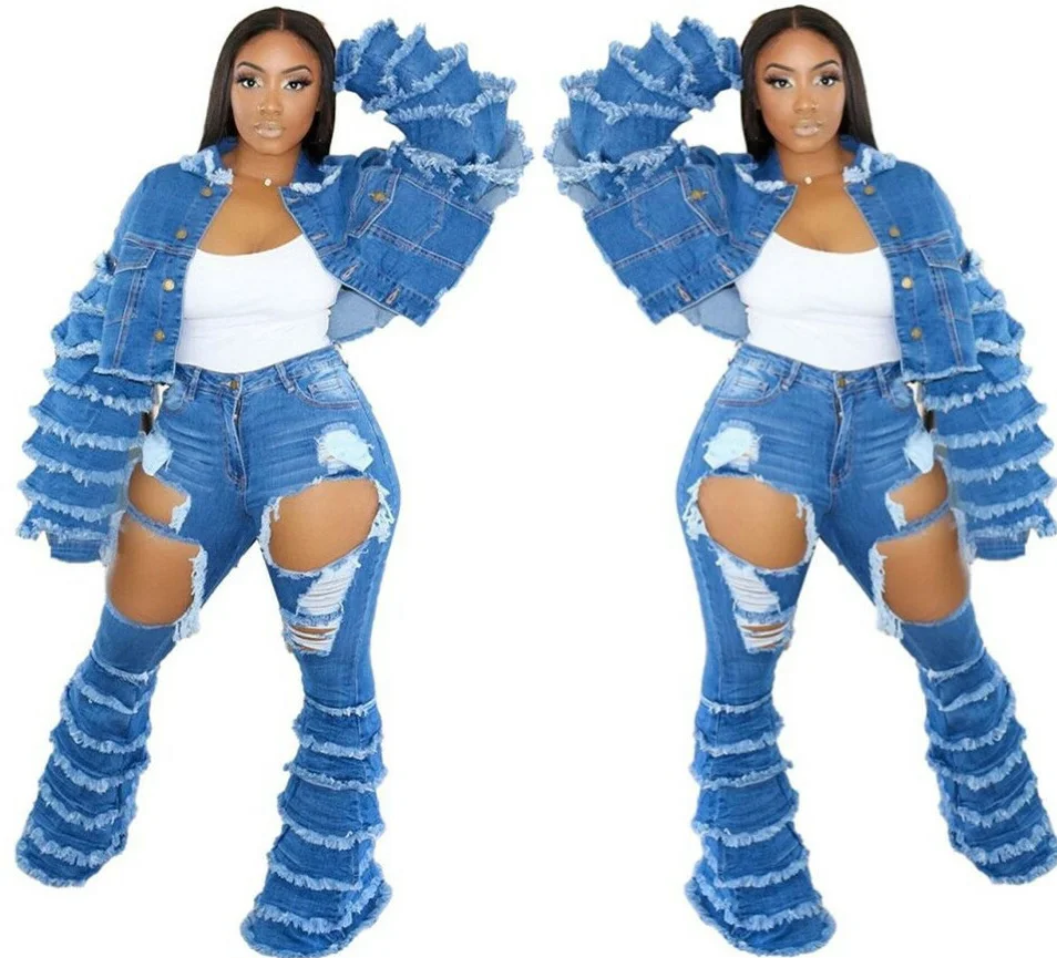 Winter New Design Stacked Flare Sleeve Short Denim Jacket Fashion Casual Pocket Streetwear Coat Women Outwear Tops