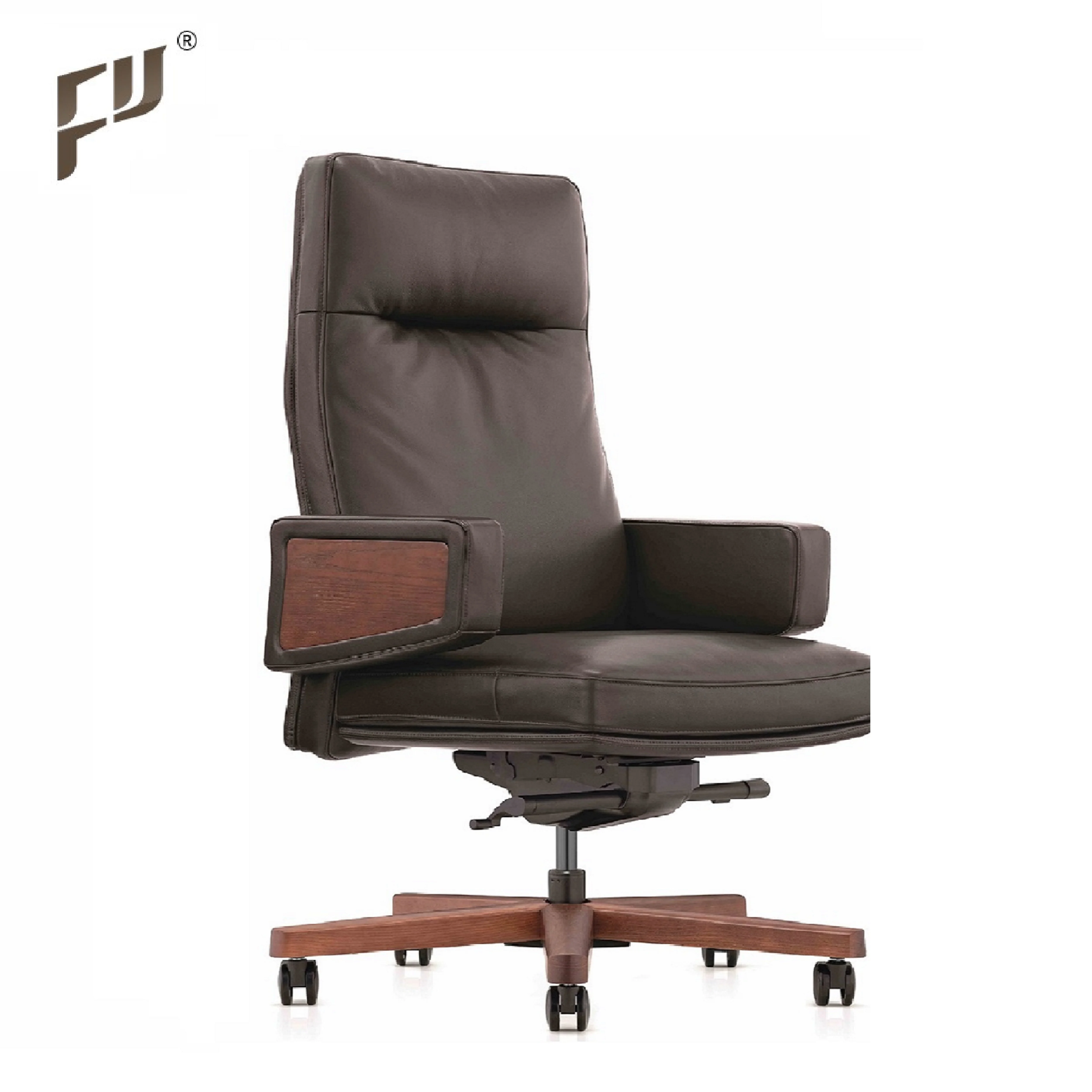 FURICCO Italian Style Wooden Base Feather Cushion Swivel Executive Leather Office Boss Chair