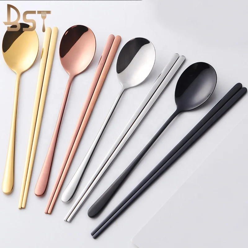Wholesale Stainless Steel Spoon Titanium,Chopstick Flatware Dinnerware Korean Style Cutlery Set