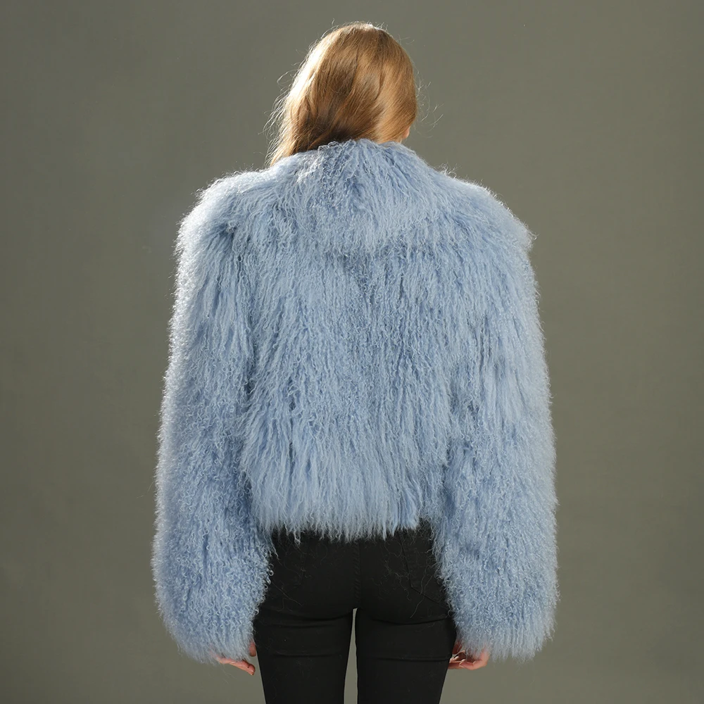Fashion Fluffy Custom Color Thick Warm Natural Sheep  Fur Jacket Ladies Wholesale Winter Women Cropped Real Mongolian Fur Coat