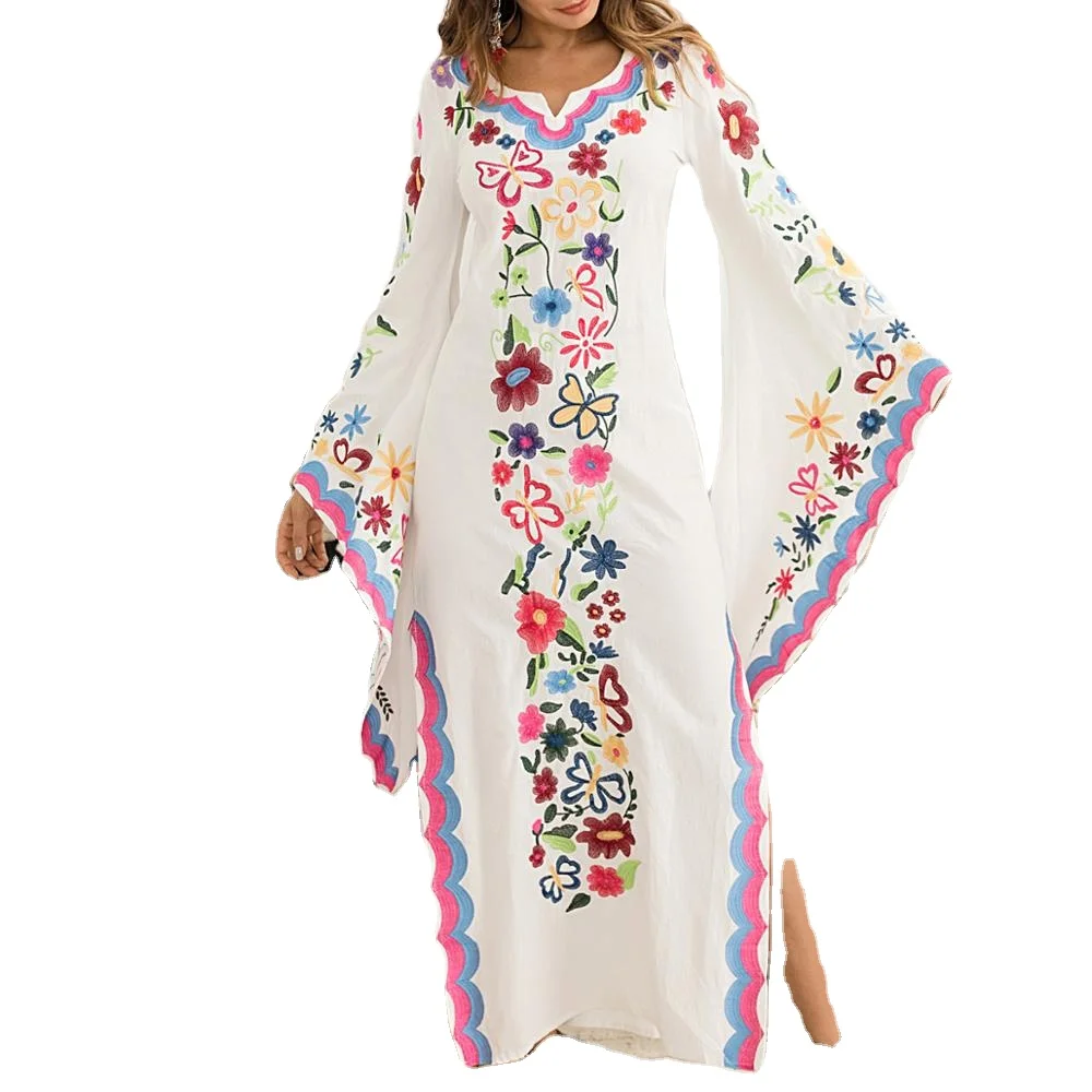 Beach Maxi Boho Bohemian Dresses Ladies With Kimono Sleeve Long Sleeve White Stylish Linen Dress for Women
