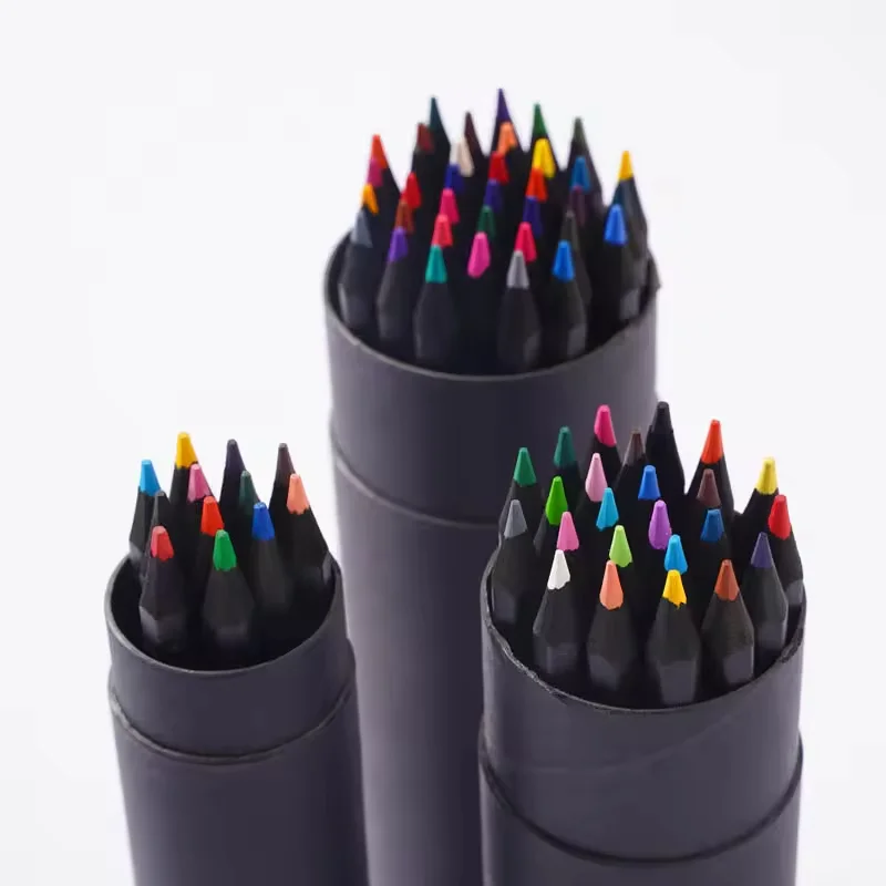New Eco-Friendly Paper Tube Color Pencils Set 12pcs Custom Round Colored Pencil Black Wooden Pencil Sets