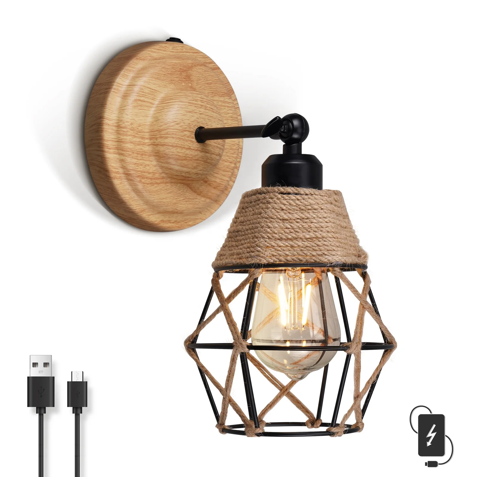 HYMELA N06 LED Wall Lamp Battery Operated Interior Wall Light Natural Style Farmhouse Shade Retro Bedside Reading Light