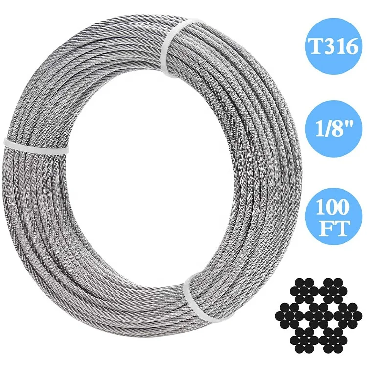 1/8 Inch 100 Feet, 316 Stainless Steel Wire Rope Aircraft Cable for Deck Cable Railing Kit