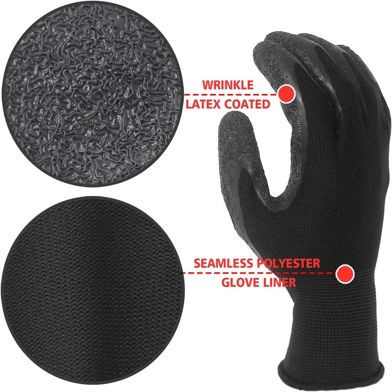 Construction Safety Work Gloves Latex Gloves Abrasion Resistant Black Latex Coated Worker Gloves for Construction Work
