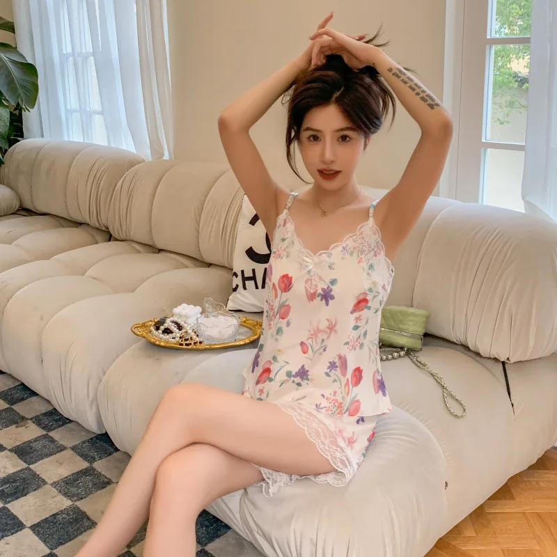 Wholesale summer ice and snow silk pajamas for women sexy and cute princess style suspender shorts thin and sweet two-piece set