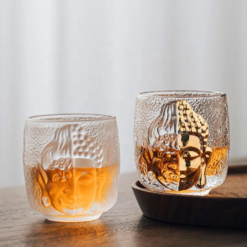Hot Selling Crystal  Glass Cup Gold-Faced Buddha Glass Cup Coffee Kung Fu Tea Cup Whiskey Glasses For Bar