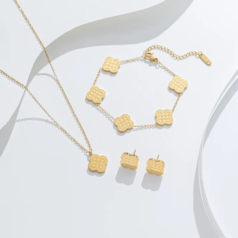 Hot Sale Luxury 18k Gold Plated Stainless Steel Jewelry Bracelet Lucky Ladies Four Leaf Clover Bracelet Necklace Earrings