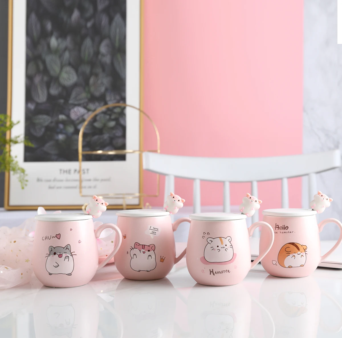 Creative and Practical Cute Cartoon Ceramic Mug with Lid Spoon Milk Unique Gift Coffee Mugs